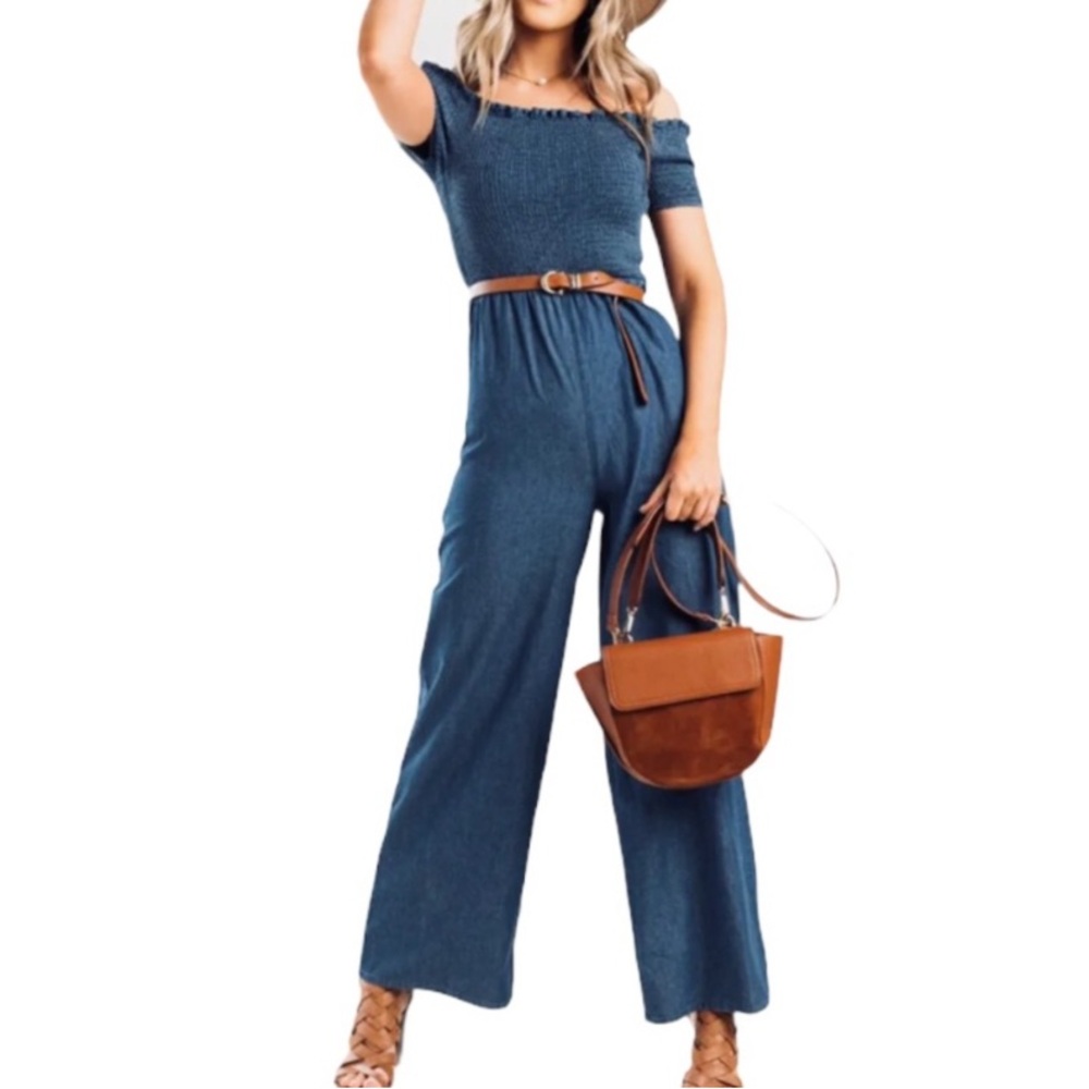 Blue Rain denim Off-Shoulder Jumpsuit